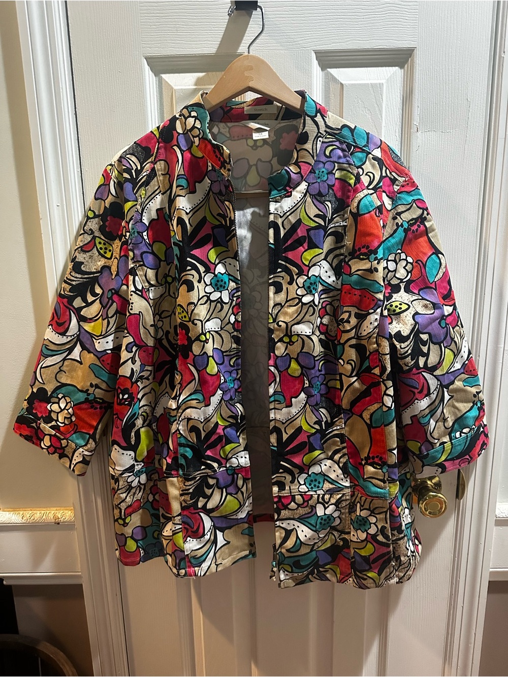 CJ Banks Colorful Abstract Artsy Full Zip Jacket Bold 3/4 Sleeve‎ 1X